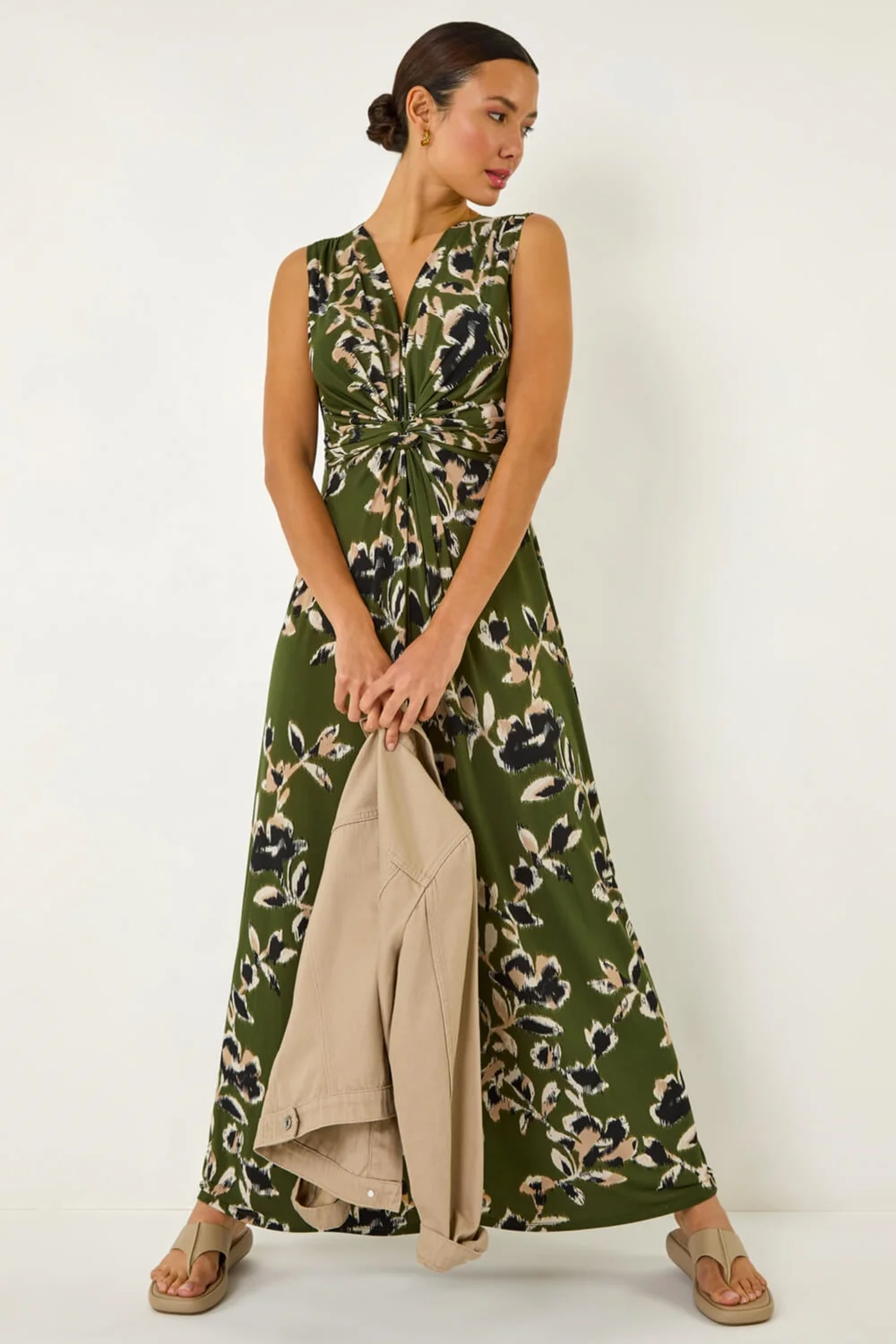 Roman Khaki Leaf Print Twist Front Maxi Dress - Size 16 Image 2