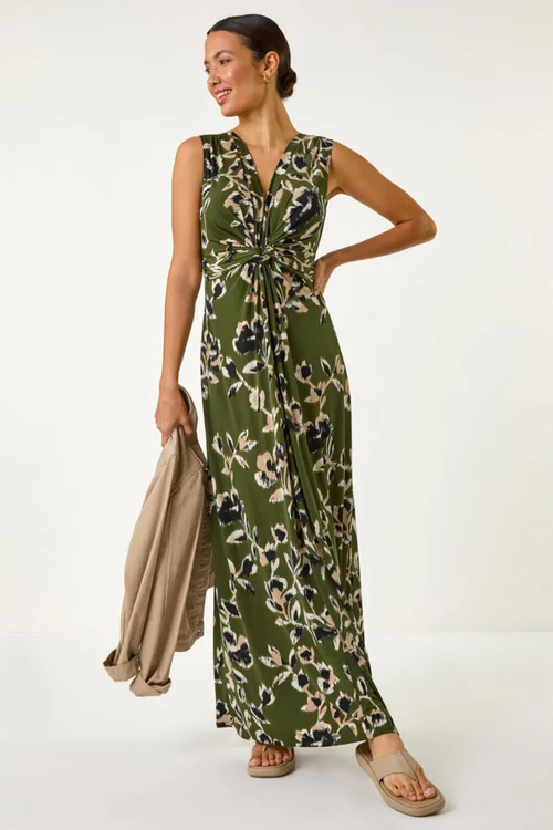 Roman Khaki Leaf Print Twist Front Maxi Dress - Size 16 Image 3