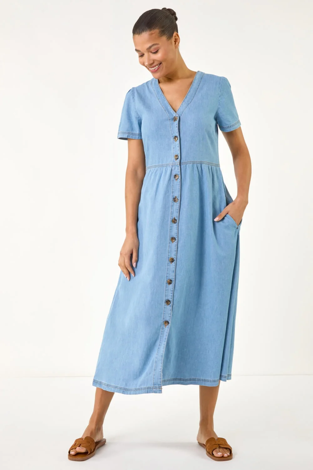 Roman Denim Button Through Midi Dress - Size 14 Image 2