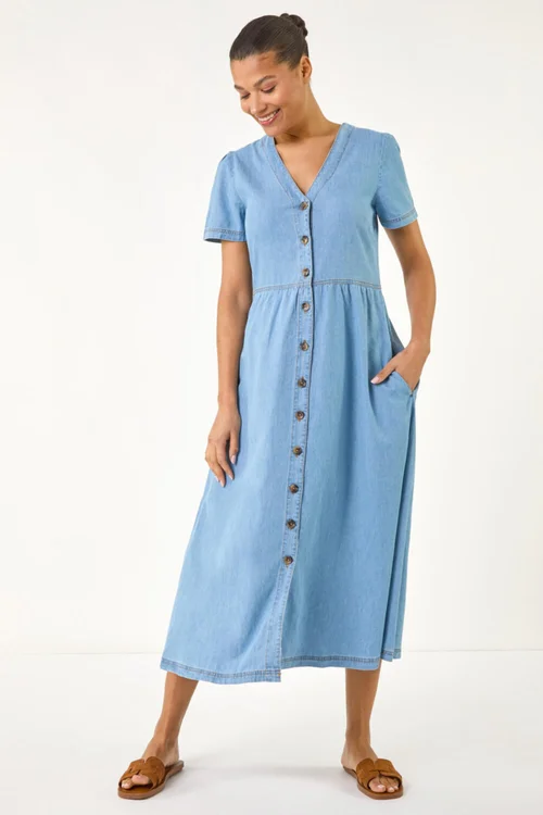 Roman Denim Button Through Midi Dress - Size 14 Image 2