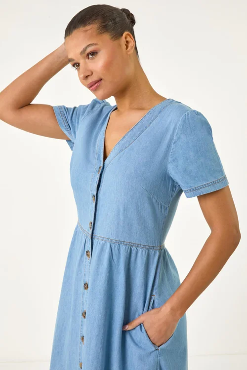 Roman Denim Button Through Midi Dress - Size 14 Image 4