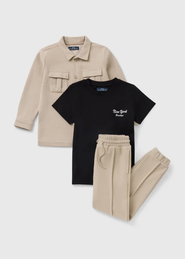 3 Piece Boys Stone Smart Shacket & Trouser Set (7-15yrs)