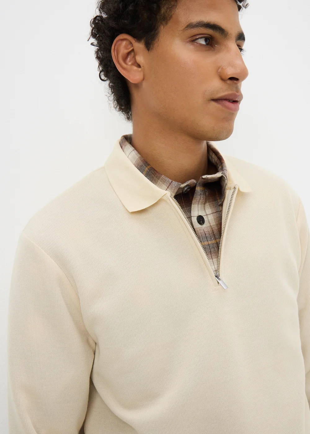 Cream Ribbed Long Sleeve Polo Top - Extra Large Image 2