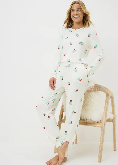 Cream Mistletoe Print Pyjama Set - Medium Image 2