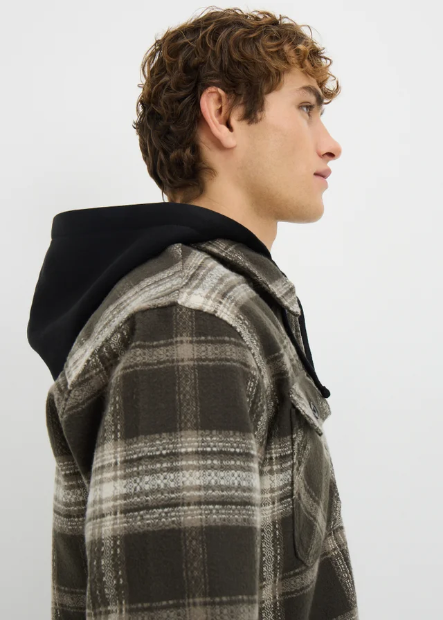 Khaki Hooded Check Shacket