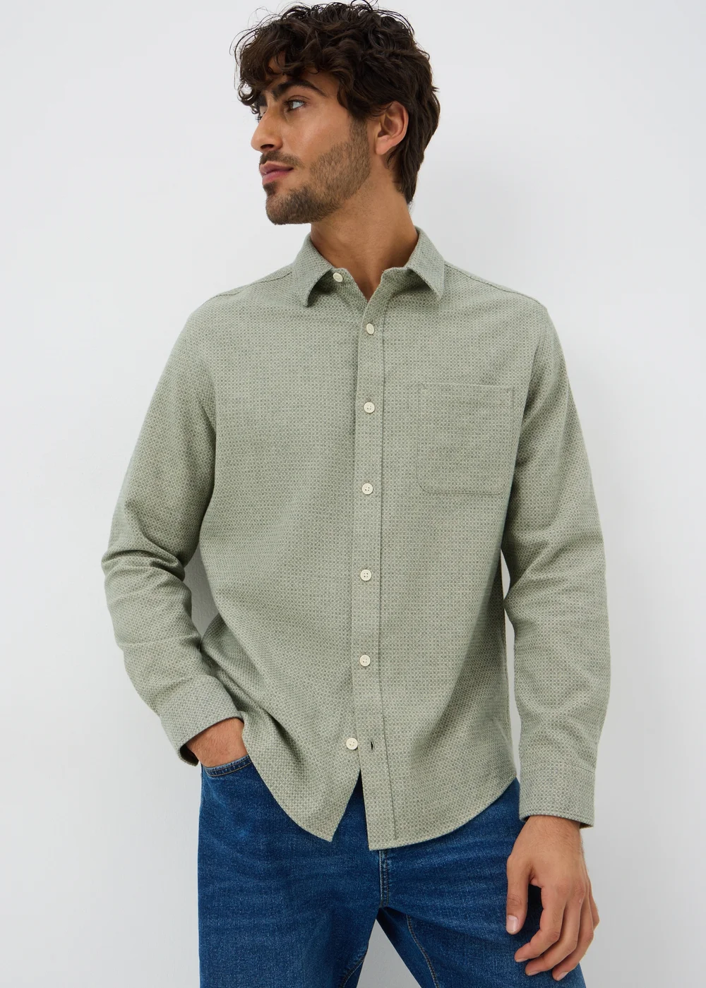 Green Brushed Birdseye Plain Shirt - Small Image 1