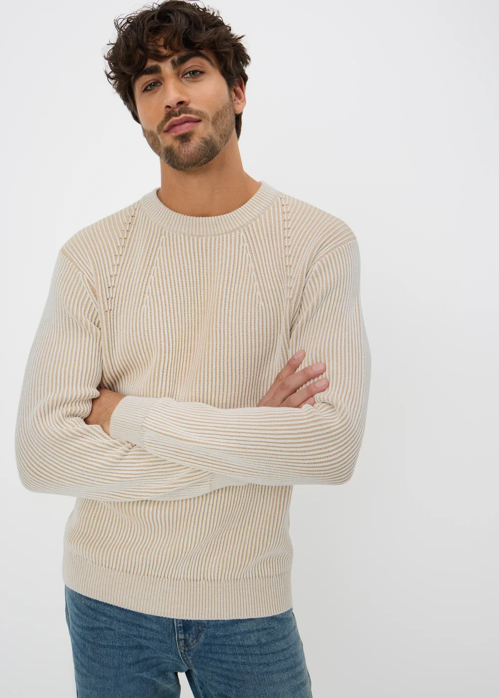 Beige Plated Crew Jumper - Extra Large Image 1