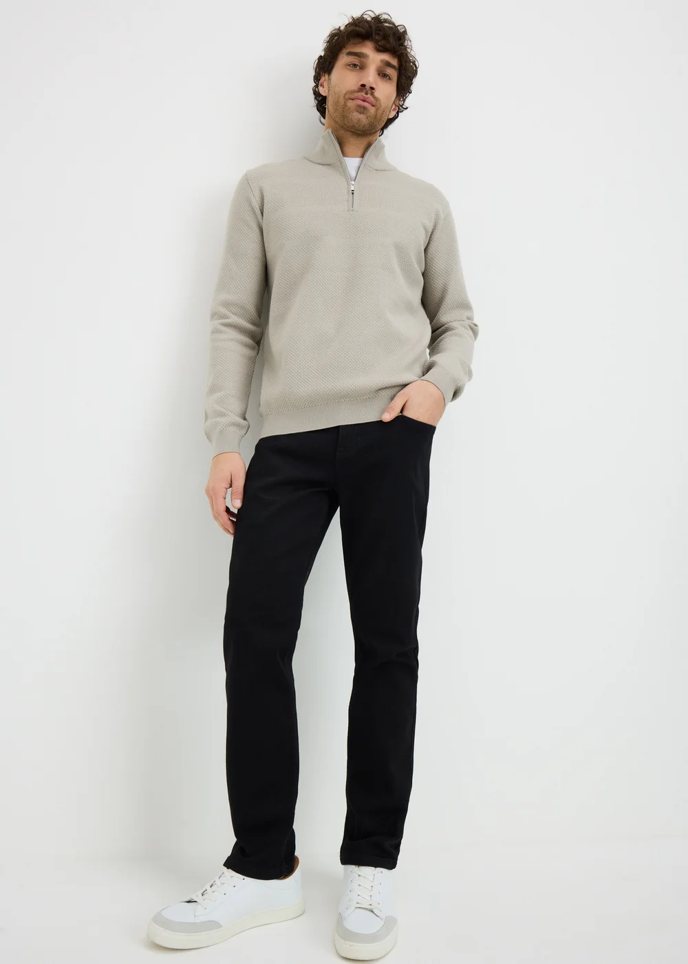 Beige Textured 1/4 Zip Jumper - XXL Image 2