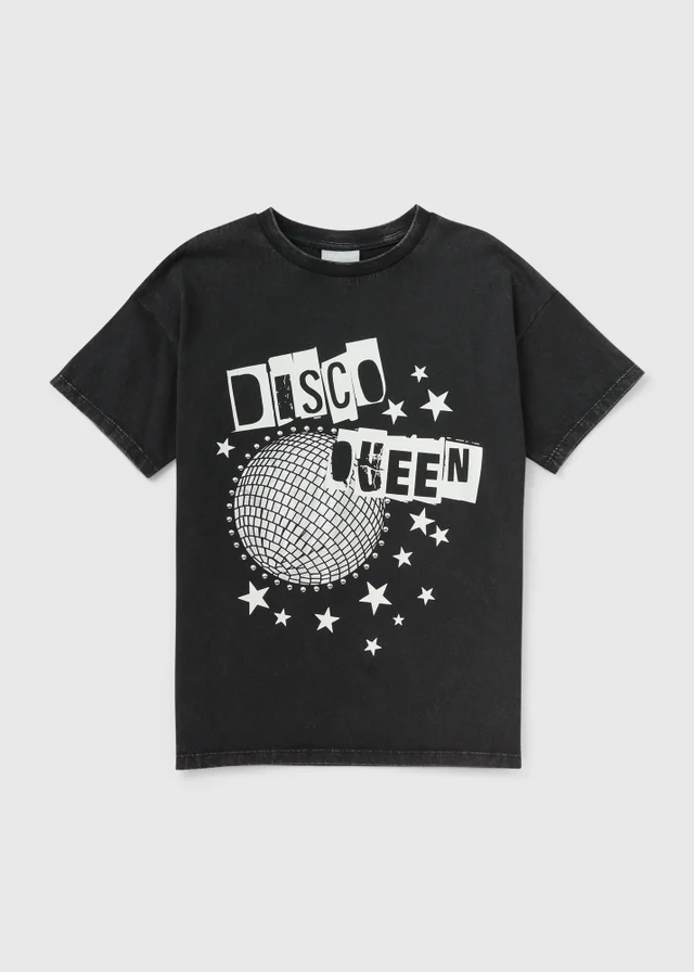 Girls Black Acid Wash Discoqueen T-Shirt (7-15yrs)