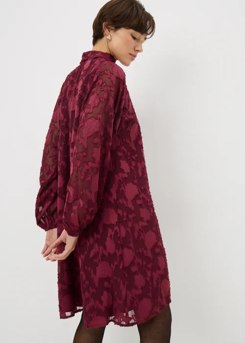 Burgundy Jacquard Tie Neck Mini Smock Dress - 22 Image 3