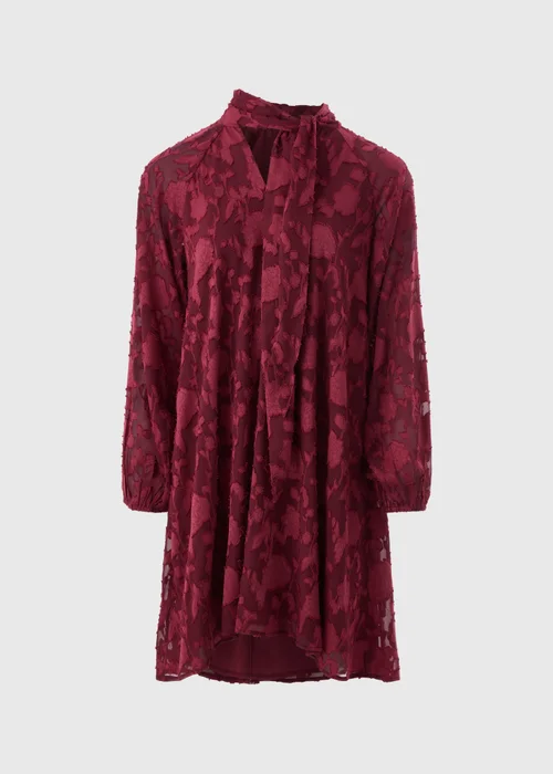 Burgundy Jacquard Tie Neck Mini Smock Dress - 22 Image 4