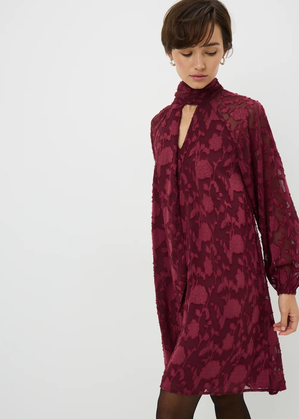 Burgundy Jacquard Tie Neck Mini Smock Dress - 22 Image 1