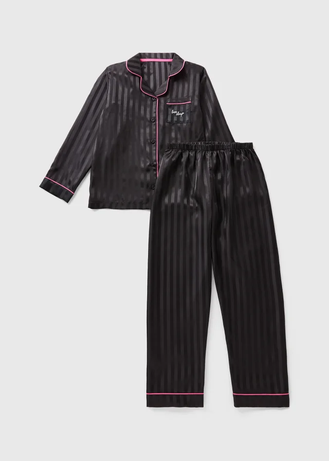 Girls Black Satin Jacquard Pyjama Set (4-13yrs)