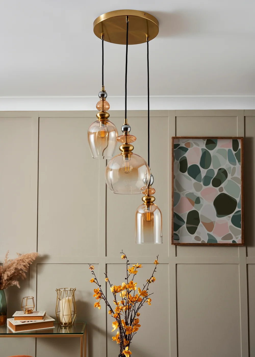 BHS Lighting Teyana Brass Glass 3 Light Cascade (65-100cm x 37cm) - One Size Adjustable Image 2