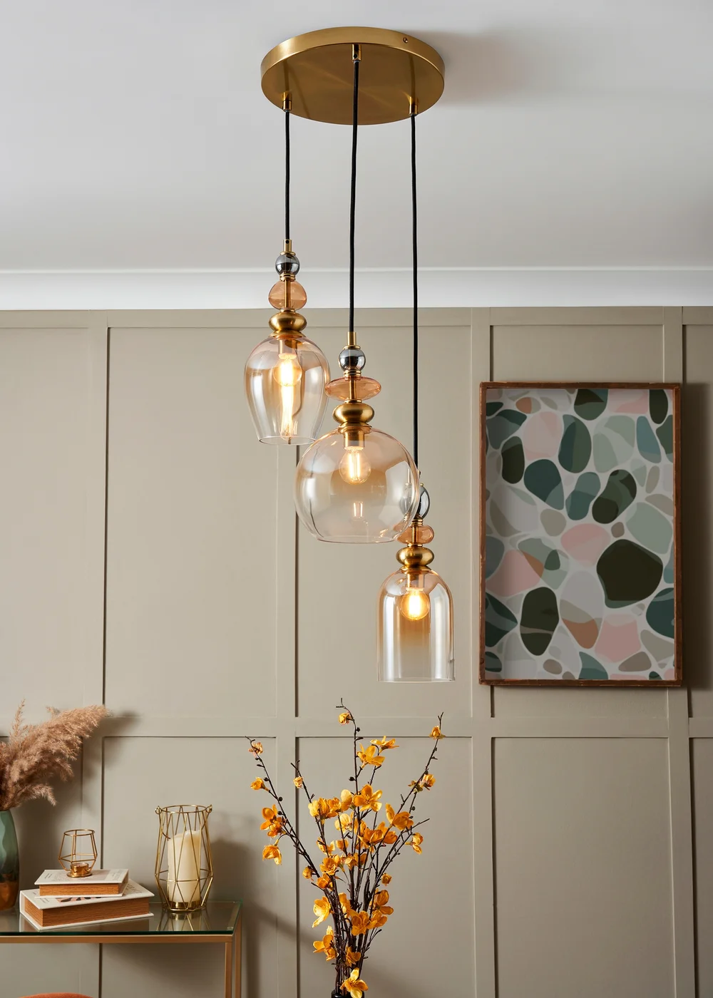 BHS Lighting Teyana Brass Glass 3 Light Cascade (65-100cm x 37cm) - One Size Adjustable Image 1