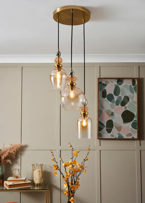 BHS Lighting Teyana Brass Glass 3 Light Cascade (65-100cm x 37cm) - One Size Adjustable Image 1