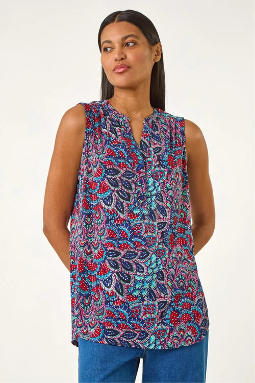 Roman Blue Abstract Print Stretch Vest Top - 16 Image 4