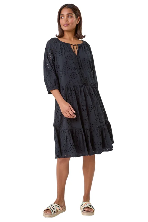 Roman Black Cotton Broderie Tiered Smock Dress - Size 20 Image 1