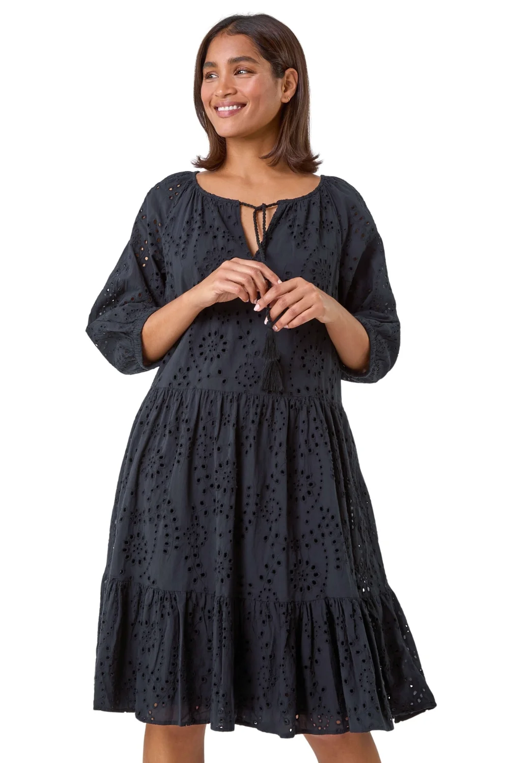 Roman Black Cotton Broderie Tiered Smock Dress - Size 20 Image 2