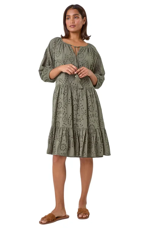 Roman Khaki Cotton Broderie Tiered Smock Dress - Size 18 Image 1