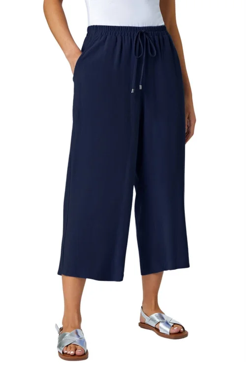 Roman Navy Petite Linen Mix Wide Cropped Trousers - 16 Image 3