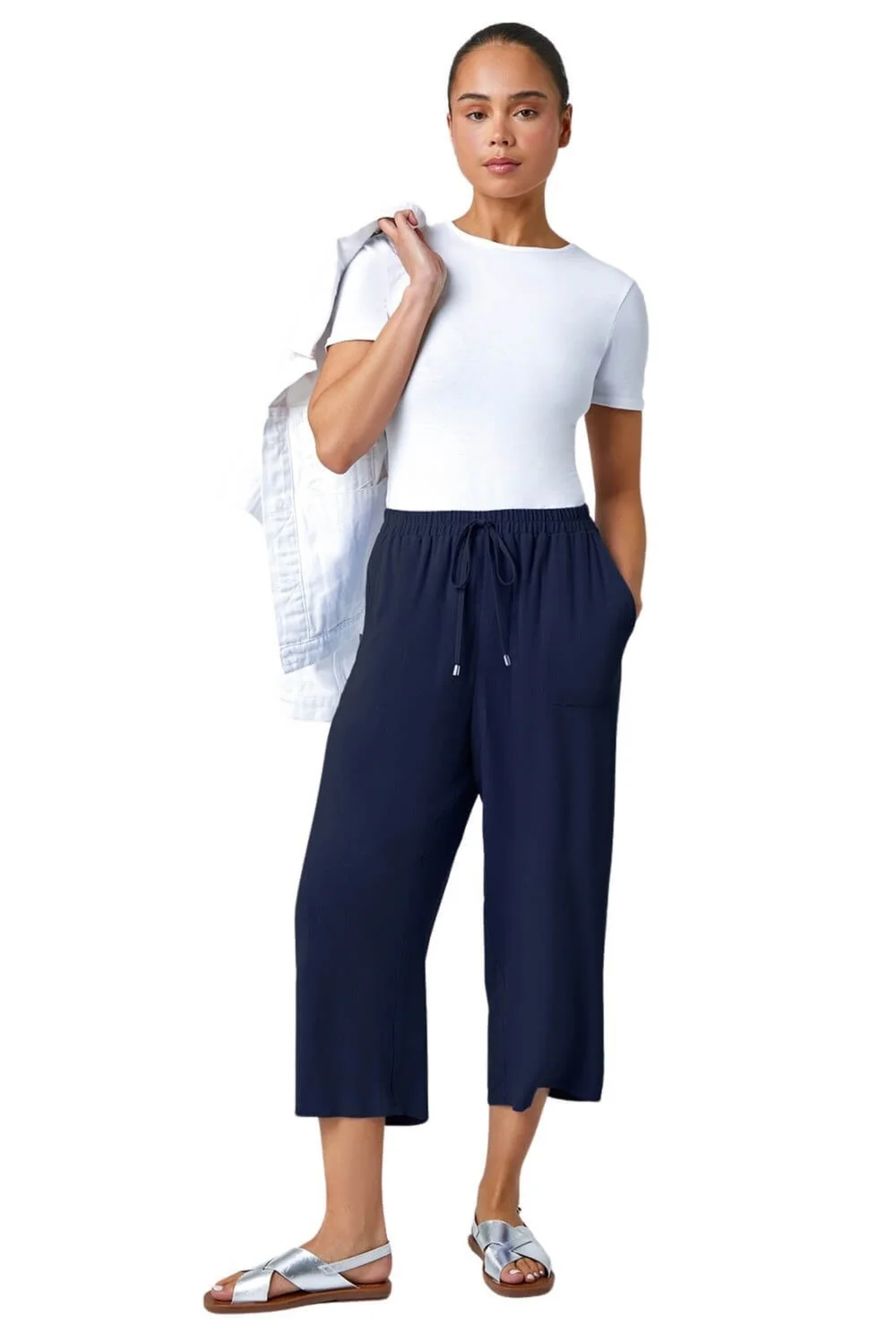 Roman Navy Petite Linen Mix Wide Cropped Trousers - 16 Image 1