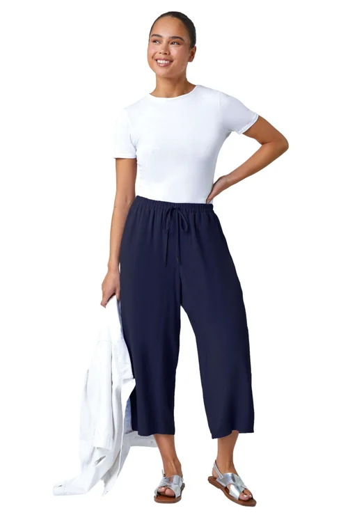 Roman Navy Petite Linen Mix Wide Cropped Trousers - 16 Image 2