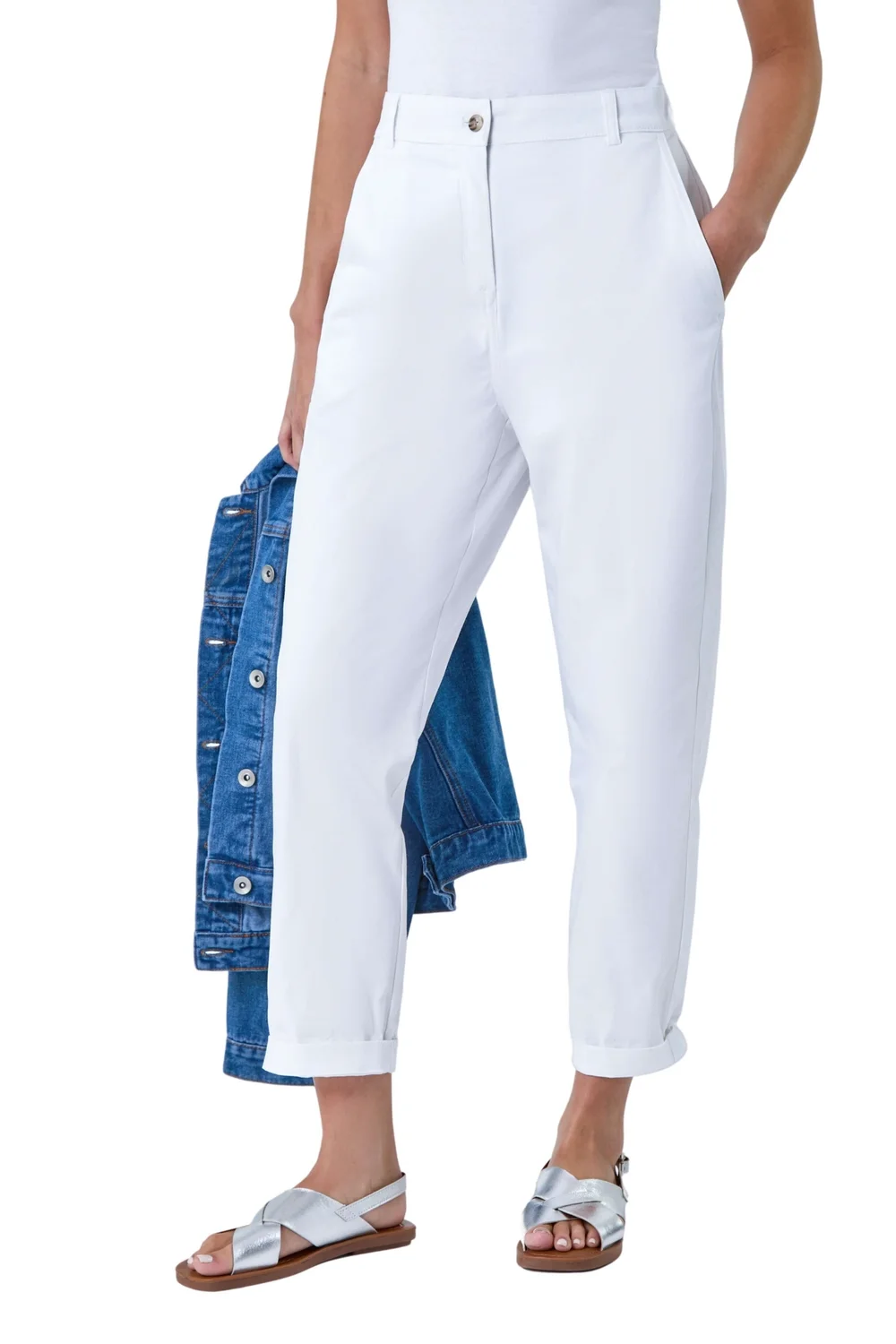Roman White Petite Cotton Blend Stretch Chino Trousers - 10 Image 2