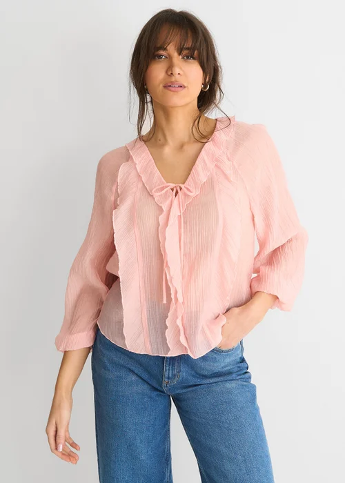 Gini London Pink Long Sleeeves Tie Detail Ruffle Blouse - Size 8 Image 3