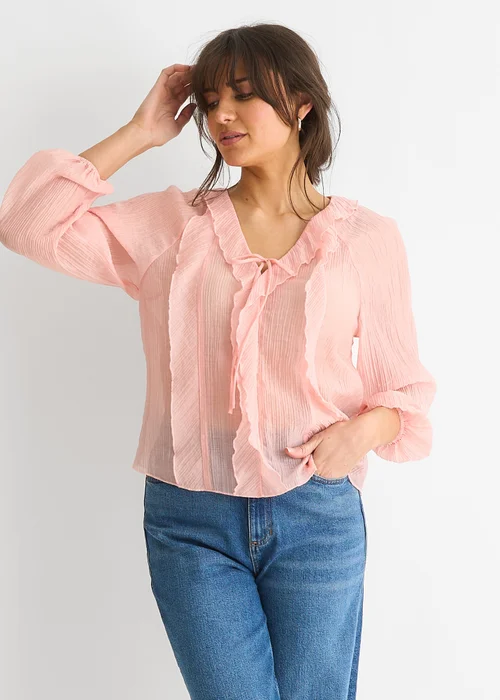 Gini London Pink Long Sleeeves Tie Detail Ruffle Blouse - Size 8 Image 4