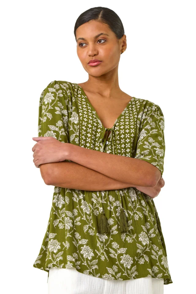 Roman Olive Floral Print Tassel Tunic Top