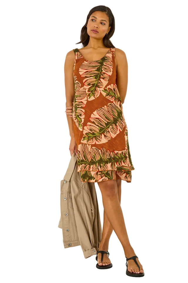 Roman Amber Leaf Print Double Layer Dress