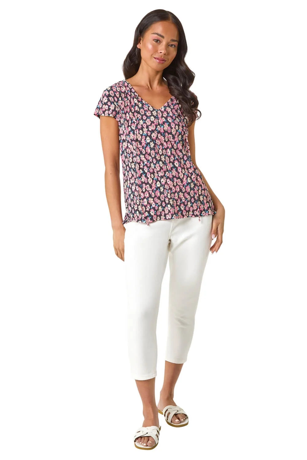 Roman Pink Petite Floral Print Crinkle V Neck Top - Size 12 Image 2