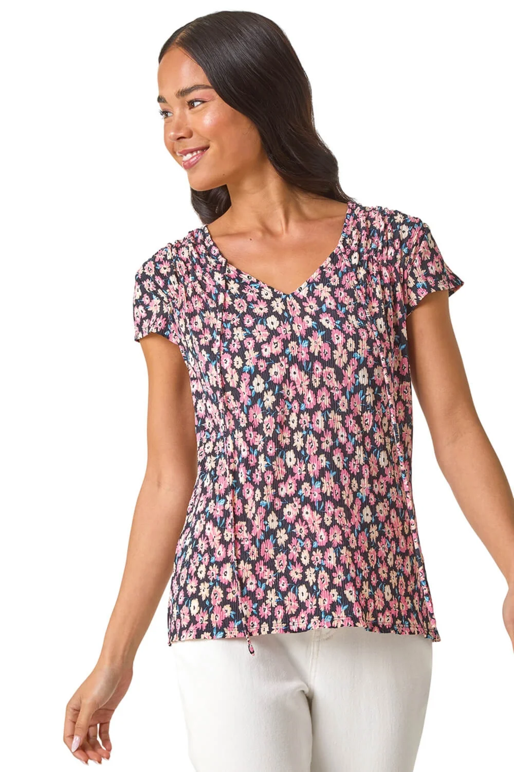 Roman Pink Petite Floral Print Crinkle V Neck Top - Size 12 Image 1