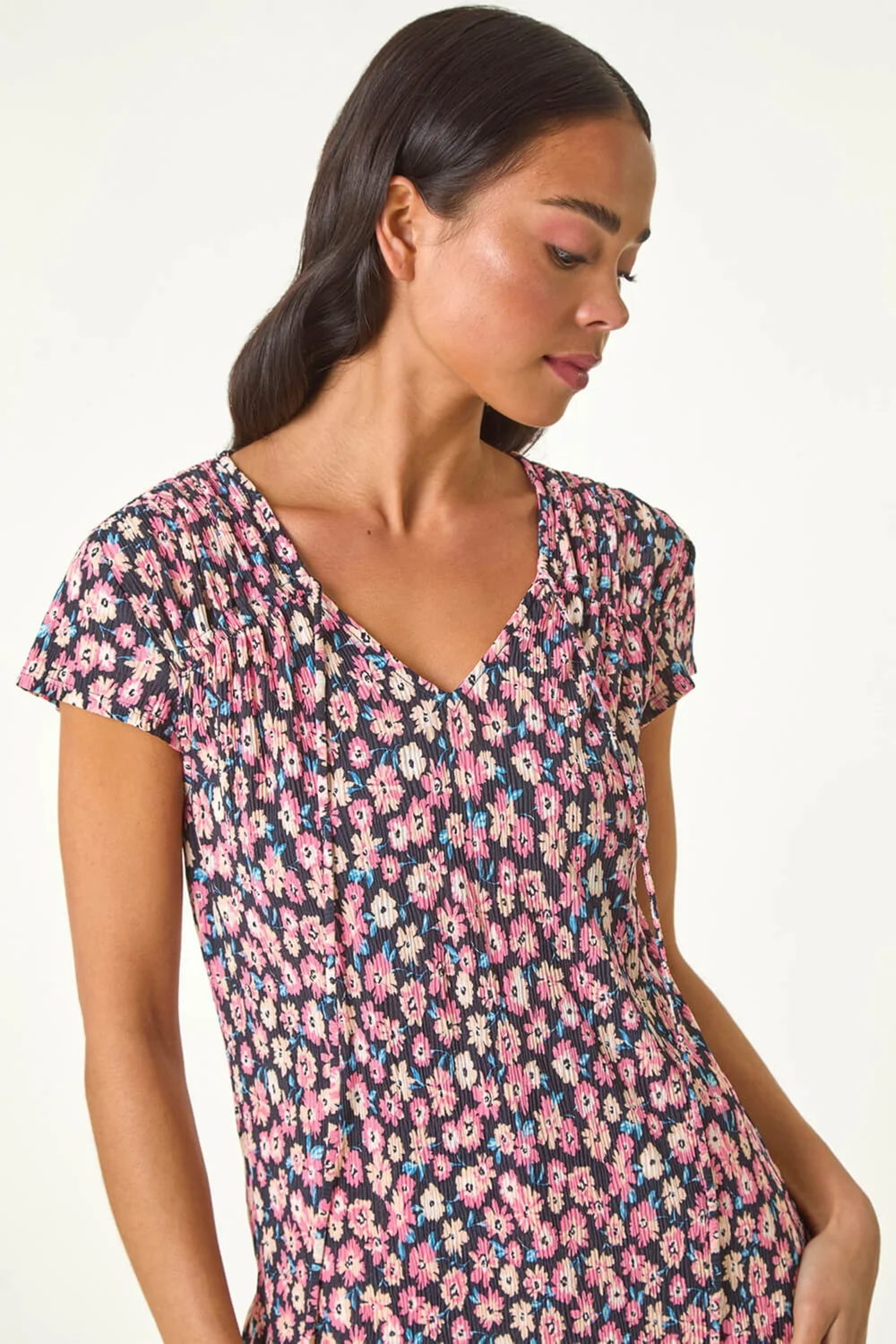 Roman Pink Petite Floral Print Crinkle V Neck Top - Size 12 Image 4