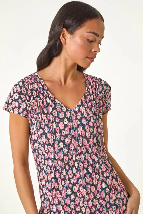 Roman Pink Petite Floral Print Crinkle V Neck Top - Size 12 Image 4