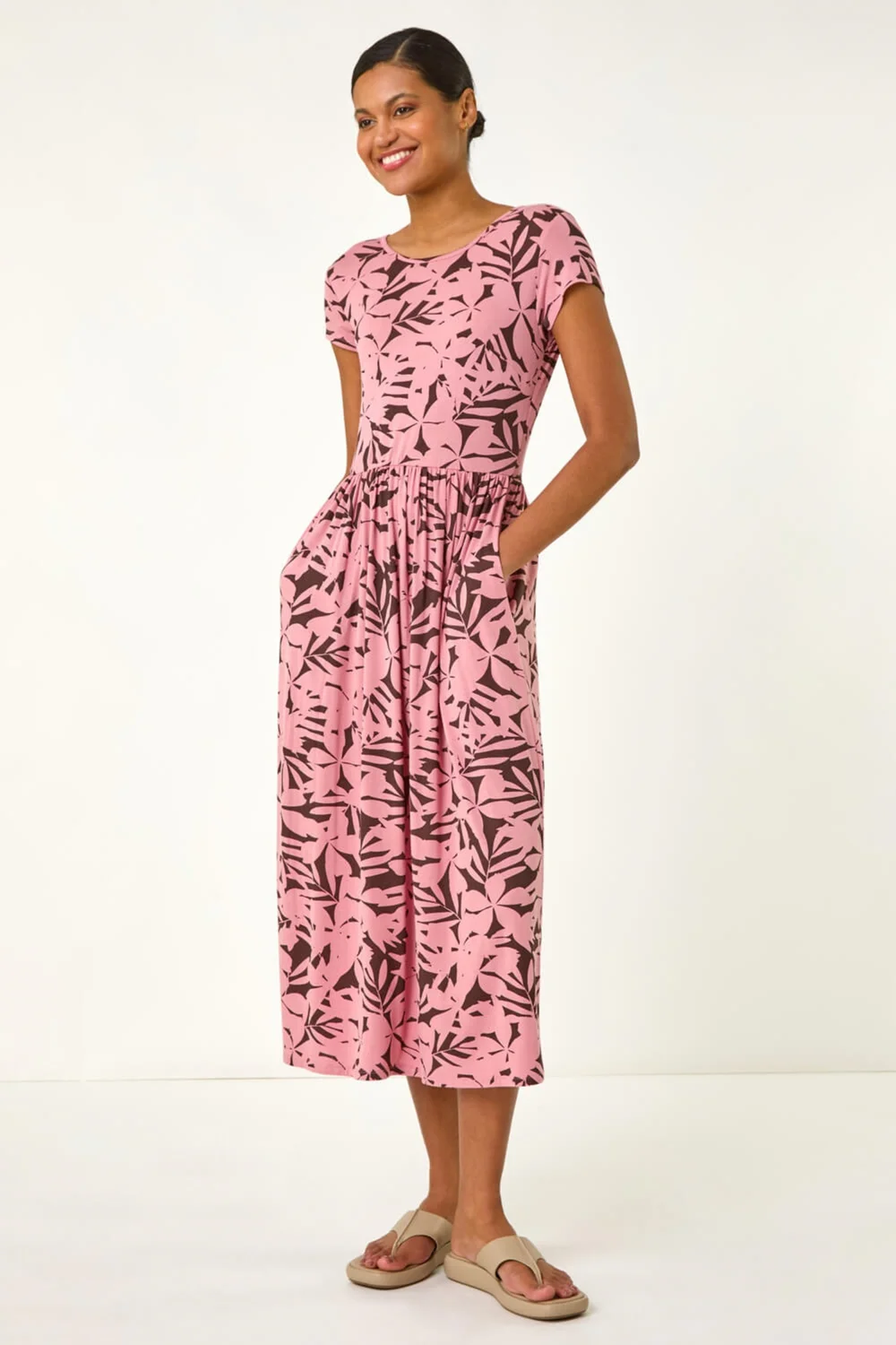 Roman Pink Floral Print Stretch Midi Dress - Size 14 Image 2