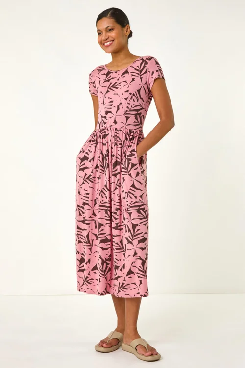 Roman Pink Floral Print Stretch Midi Dress - Size 14 Image 2