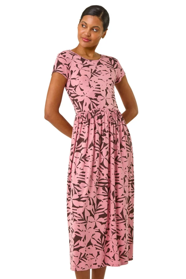 Roman Pink Floral Print Stretch Midi Dress