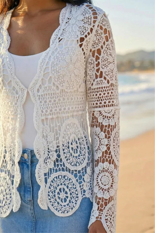 Roman Ivory Crochet Tie Front Knit Cardigan - L Image 4