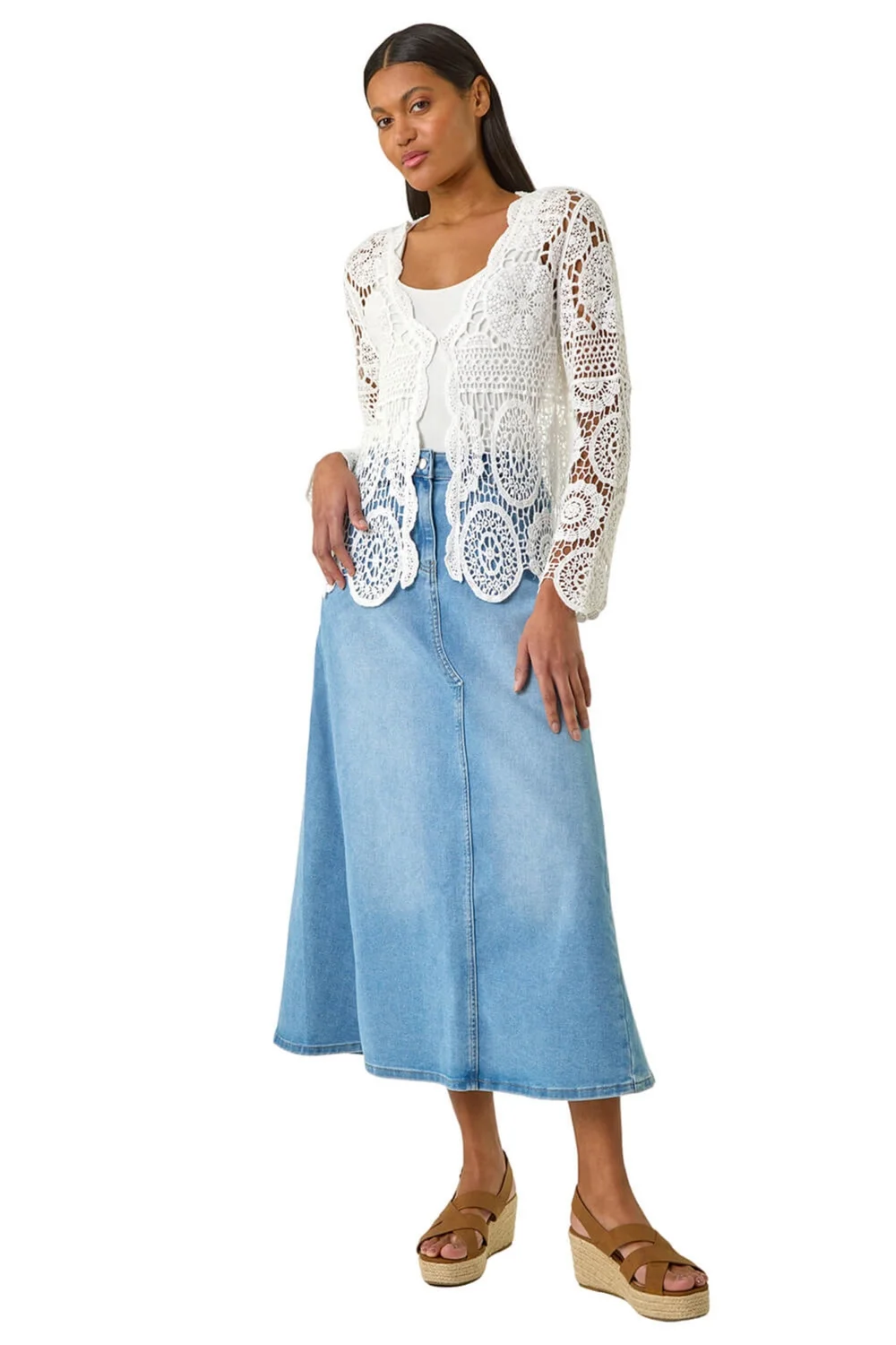 Roman Ivory Crochet Tie Front Knit Cardigan - Small Image 2