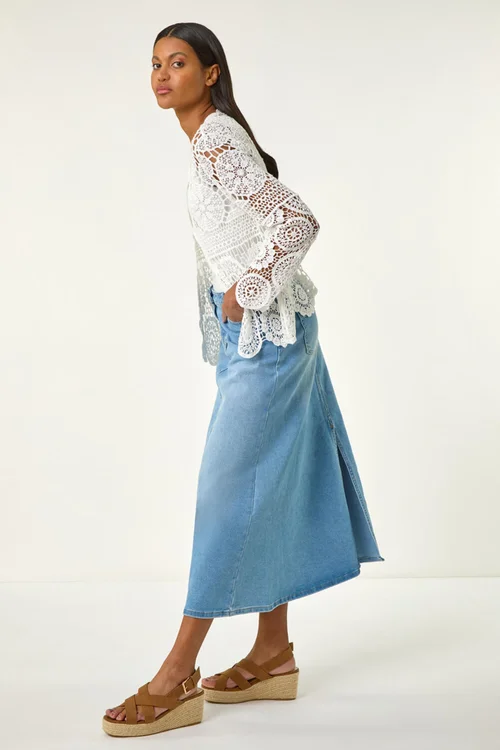 Roman Ivory Crochet Tie Front Knit Cardigan - Small Image 3