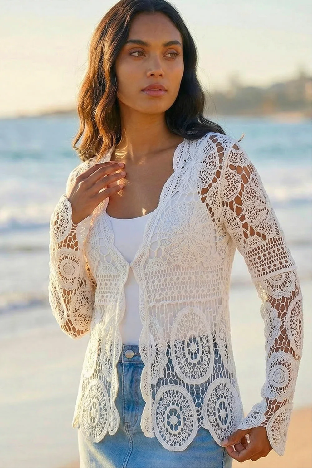 Roman Ivory Crochet Tie Front Knit Cardigan - L Image 1