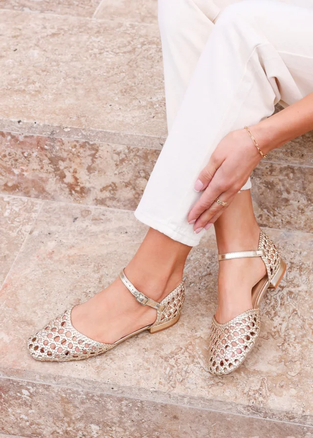 Linzi Suki Gold Faux Leather Woven Two Part Sandals