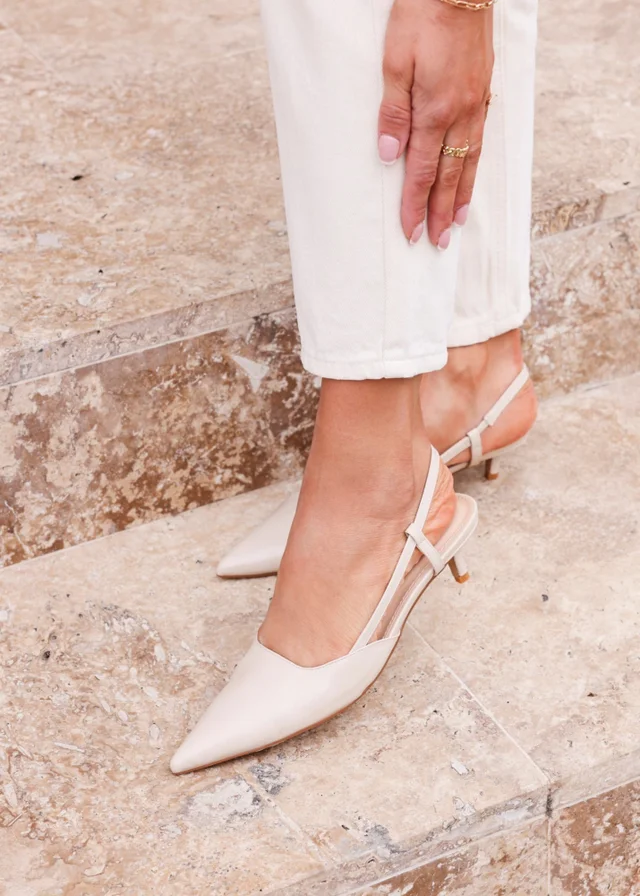 Linzi Refined Nude Faux Leather Slingback Kitten Court Heels