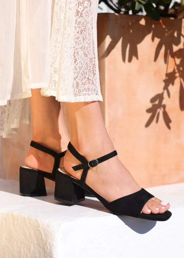 Linzi Darlene Black Faux Suede Low Block Heeled Sandals