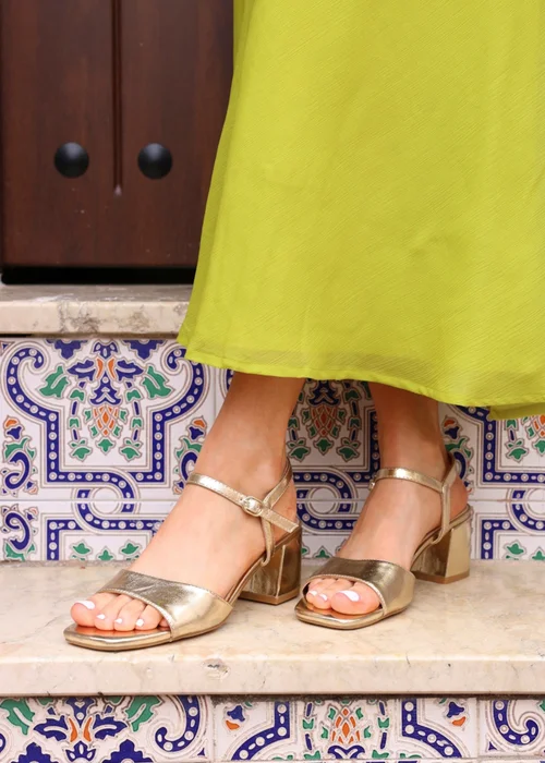 Linzi Darlene Gold Faux Leather Low Block Heeled Sandals - Size 3 Image 1