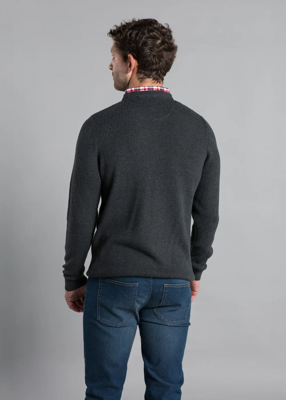 Kensington Eastside Charcoal Mock Checked Shirt Crew Neck Jumper - Large Image 2