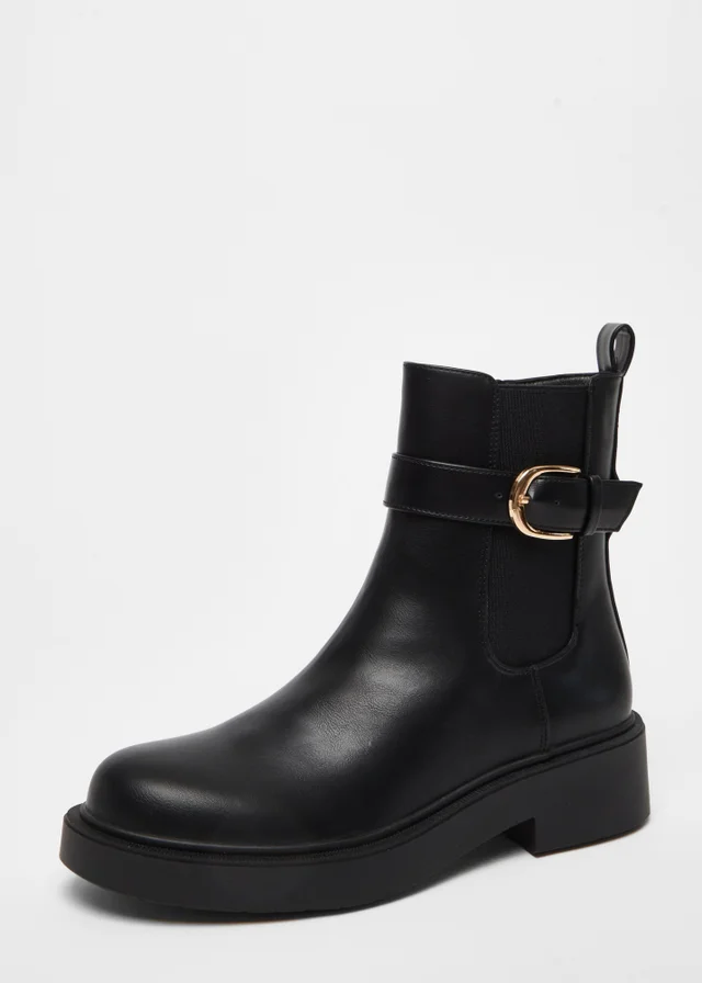 Quiz Black Faux Leather Chunky Buckle Boots
