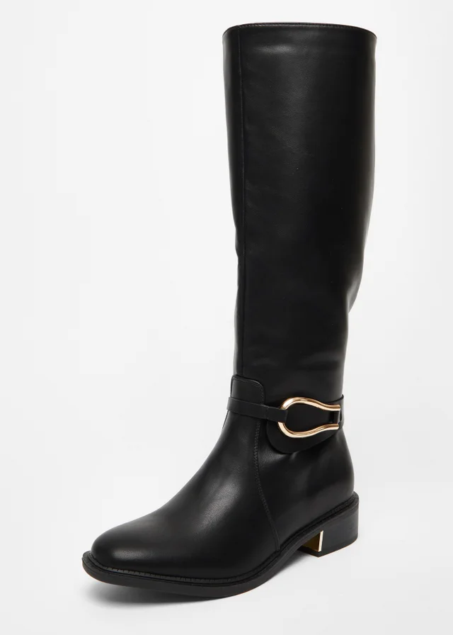 Quiz Black Wide Fit Faux Leather Knee High Flat Boots